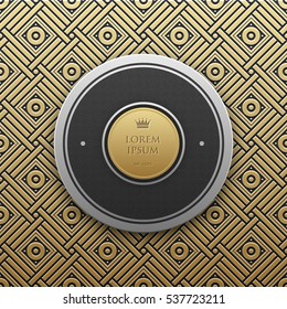 Round text banner template on golden metallic background with seamless geometric pattern. Elegant luxury style.