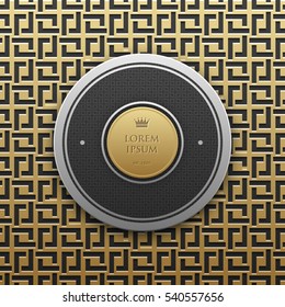 Round text banner template on golden metallic background with seamless geometric pattern. Elegant luxury style.