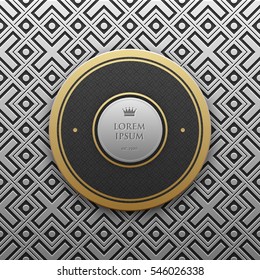 Round text banner template on silver/platinum metallic background with seamless geometric pattern. Elegant luxury style.