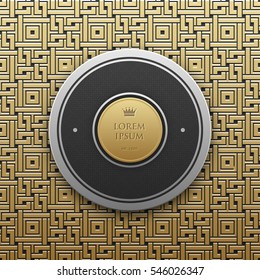 Round text banner template on golden metallic background with seamless geometric pattern. Elegant luxury style.