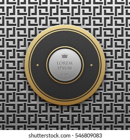 Round text banner template on silver/platinum metallic background with seamless geometric pattern. Elegant luxury style.