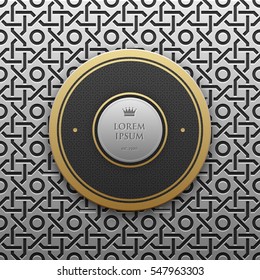 Round text banner template on silver/platinum metallic background with seamless geometric pattern. Elegant luxury style.