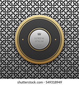 Round text banner template on silver/platinum metallic background with seamless geometric pattern. Elegant luxury style.
