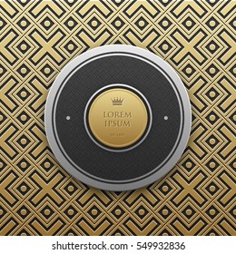 Round text banner template on golden metallic background with seamless geometric pattern. Elegant luxury style.