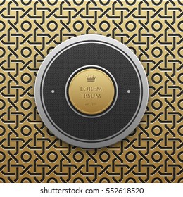 Round text banner template on golden metallic background with seamless geometric pattern. Elegant luxury style.