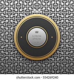 Round text banner template on silver/platinum metallic background with seamless geometric pattern. Elegant luxury style.