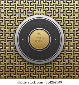 Round text banner template on golden metallic background with seamless geometric pattern. Elegant luxury style.