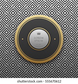 Round text banner template on silver/platinum metallic background with seamless geometric pattern. Elegant luxury style.