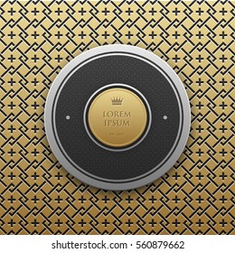 Round text banner template on golden metallic background with seamless geometric pattern. Elegant luxury style.