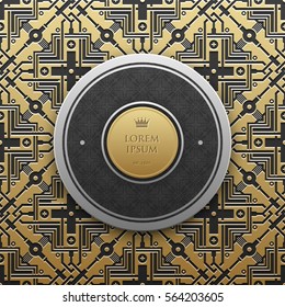 Round text banner template on golden metallic background with seamless geometric pattern. Elegant luxury style.