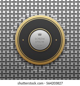Round text banner template on silver/platinum metallic background with seamless geometric pattern. Elegant luxury style.