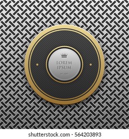 Round text banner template on silver/platinum metallic background with seamless geometric pattern. Elegant luxury style.