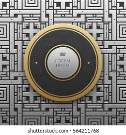 Round text banner template on silver/platinum metallic background with seamless geometric pattern. Elegant luxury style.