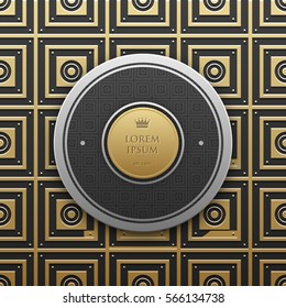 Round text banner template on golden metallic background with seamless geometric pattern. Elegant luxury style.