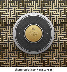 Round text banner template on golden metallic background with seamless geometric pattern. Elegant luxury style.