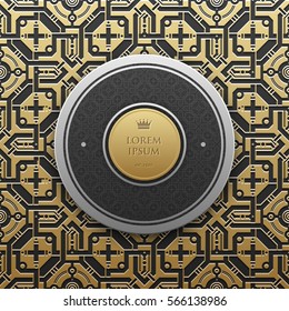 Round text banner template on golden metallic background with seamless geometric pattern. Elegant luxury style.