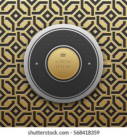 Round text banner template on golden metallic background with seamless geometric pattern. Elegant luxury style.