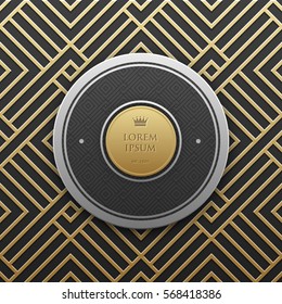 Round text banner template on golden metallic background with seamless geometric pattern. Elegant luxury style.