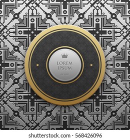 Round text banner template on silver/platinum metallic background with seamless geometric pattern. Elegant luxury style.