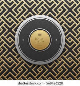 Round text banner template on golden metallic background with seamless geometric pattern. Elegant luxury style.