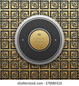 Round text banner template on golden metallic background with seamless geometric pattern. Elegant luxury style.