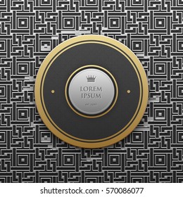 Round text banner template on silver/platinum metallic background with seamless geometric pattern. Elegant luxury style.