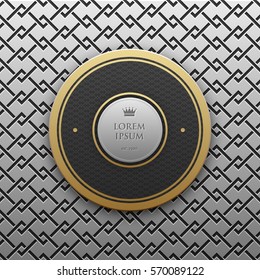 Round text banner template on silver/platinum metallic background with seamless geometric pattern. Elegant luxury style.