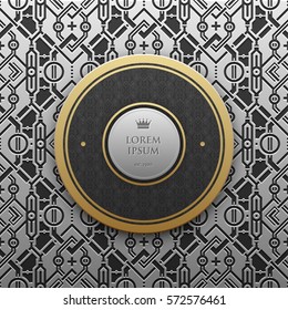 Round text banner template on silver/platinum metallic background with seamless geometric pattern. Elegant luxury style.