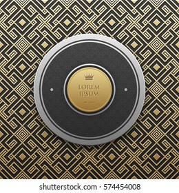 Round text banner template on golden metallic background with seamless geometric pattern. Elegant luxury style.