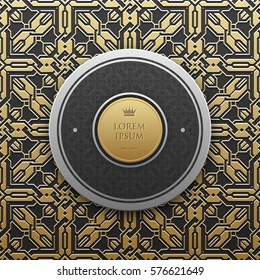 Round text banner template on golden metallic background with seamless geometric pattern. Elegant luxury style.