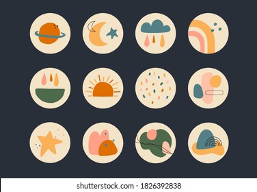 Round texture and Abstract icons for social media stories. Set of various vector highlight covers.