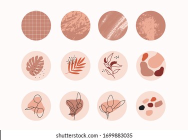 Round texture and floral icons for social media stories. Set of various vector highlight covers. Abstract backgrounds. 