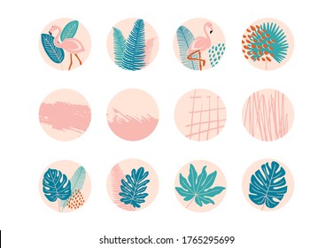 Round texture and floral icons for social media stories. Set of various vector highlight covers. Abstract backgrounds.