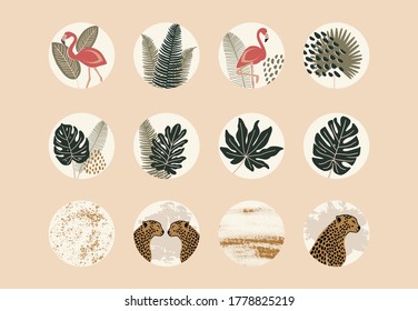 Round texture and floral icons for social media stories. Set of various vector highlight covers.