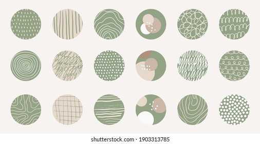 Round texture, hand drawn pattern and icons for social media stories. Set of various vector highlight covers. Abstract backgrounds. 