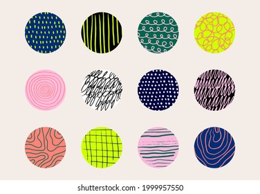 Round texture, hand drawn pattern and icons for social media stories. Set of various vector highlight covers. Abstract backgrounds.