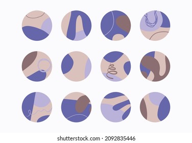 Round texture, hand drawn pattern and icons for social media stories. Set of various vector highlight covers. Abstract backgrounds.