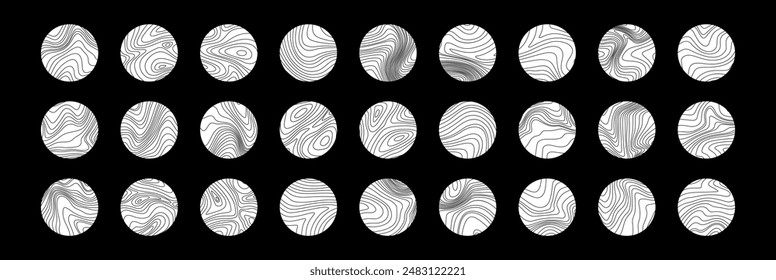 Rundtextur eingestellt. Vektorgrafik Lineartextur von Holz, Fleisch und Topographie. Kritzeleien auf schwarzem Hintergrund