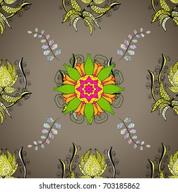 Round texture in Vector illustration. Doodles on colorful background. Floral ornament seamless pattern.
