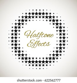 Round textured shape. Halftone effects. Golden sparkles texture.