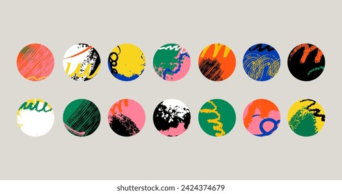 Round textures. Abstract doodle icons, social media stories highlights cover. Scribble hand drawn geometric art. Colorful lines and paint drops. Decorative minimal elements. Vector design