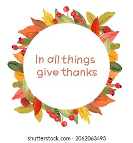 Round thanksgiving frame with watercolor leaves and grateful lettering