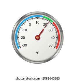 Round thermometer with color scale on white background. Temperature from minus 30 to plus 50 degrees Celsius. Vector illustration.