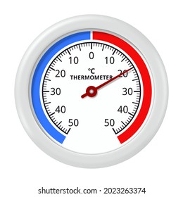 Termómetro redondo sobre fondo blanco. Temperatura de menos 50 a más 50 grados Celsius. Ilustración vectorial.