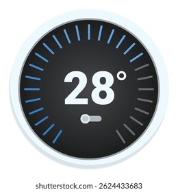 Round thermostat showing temperature is increasing on a white background