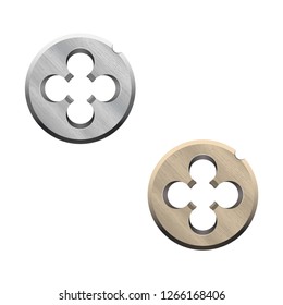 Round thread cutting dies. Metallic threading tools. Vector illustration.