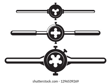 Round thread cutting dies. Metallic threading tools. Die with holder - hand tool for threading on metal workpiece