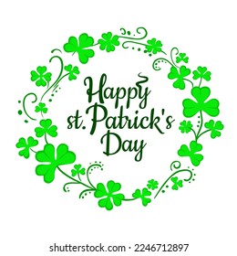 Round three-leaf clover frame with text for St. Patrick's Day, lettering decoration and Irish holiday paraphernalia. Vector illustration