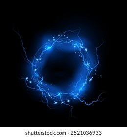 Round thunderbolt, blue circle lightning vector illustration. Realistic light rays ring explosion. Magical shine with sparkles and fog. Bolt lightning or electricity blast storm effect on black