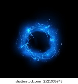 Round thunderbolt, blue circle lightning burst vector illustration. Realistic light rays ring explosion. Shine power beam with sparkles, mist. Bolt lightning or electricity blast storm effect on black